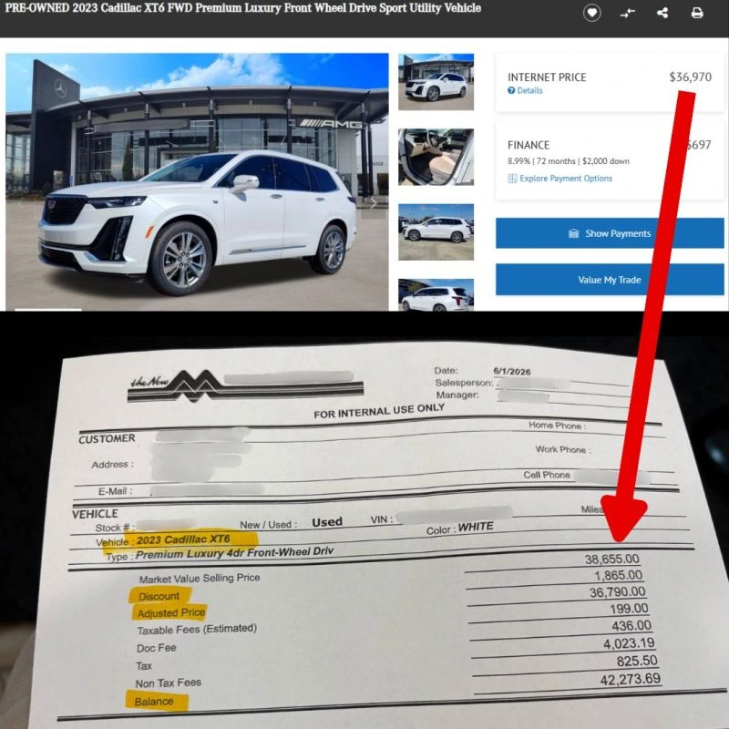 Wrong listing price on a car dealership's website
